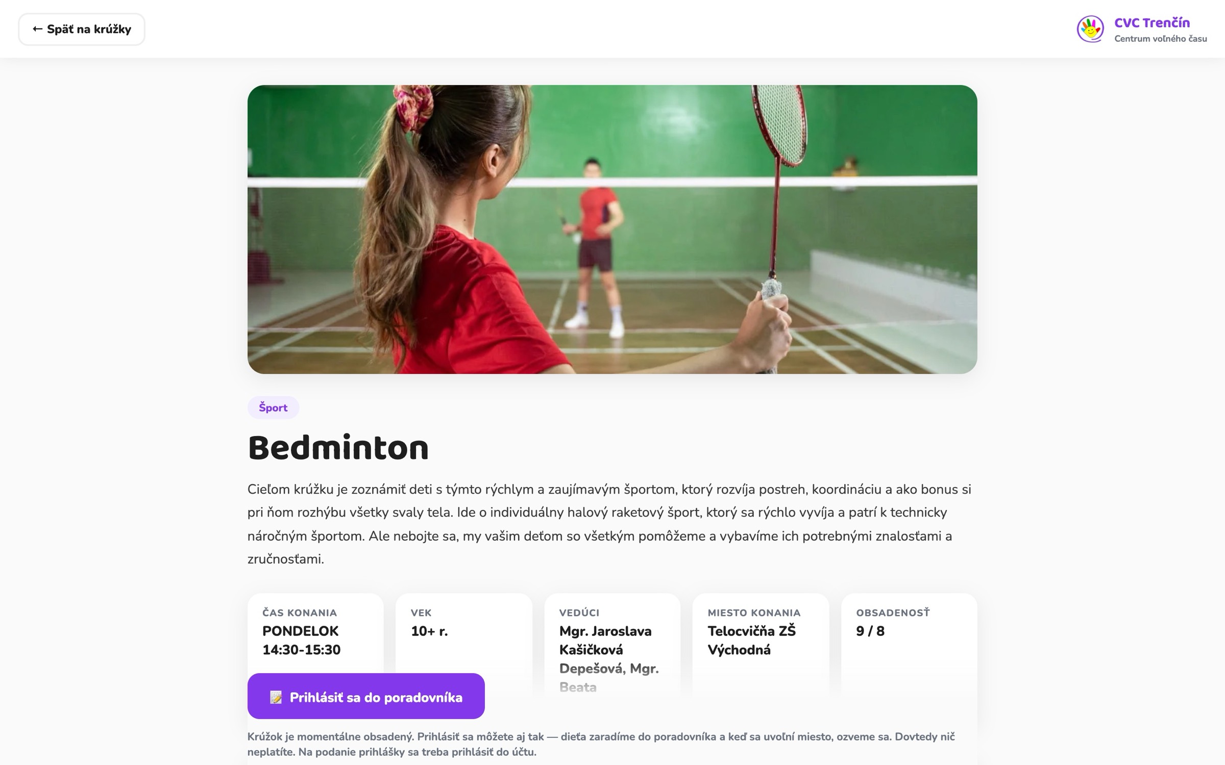 Detail krúžku bedminton na webe CVČ Trenčín