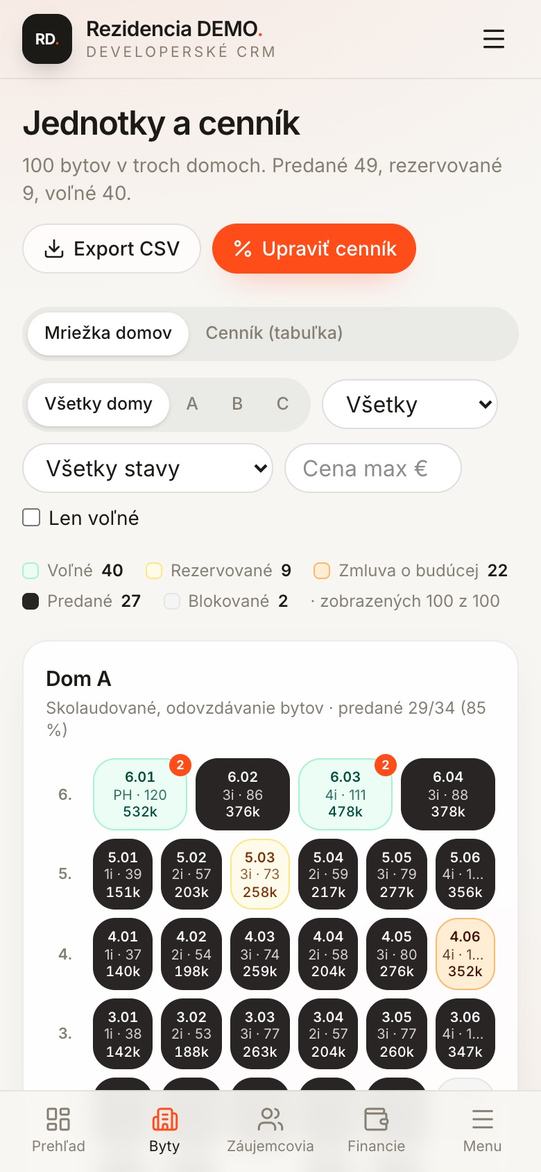 Cenník bytov s filtrami v mobile