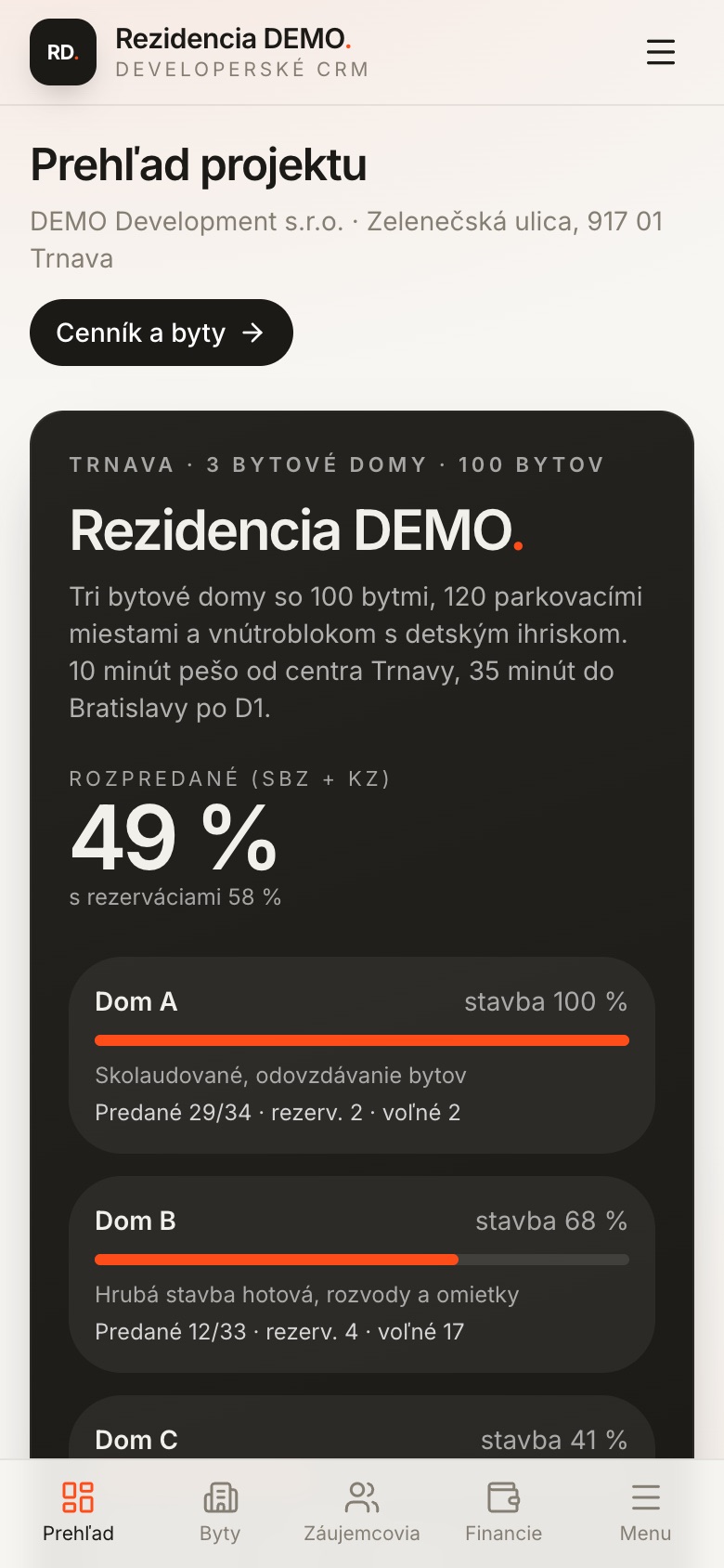 Prehľad projektu v mobile so spodnou navigáciou