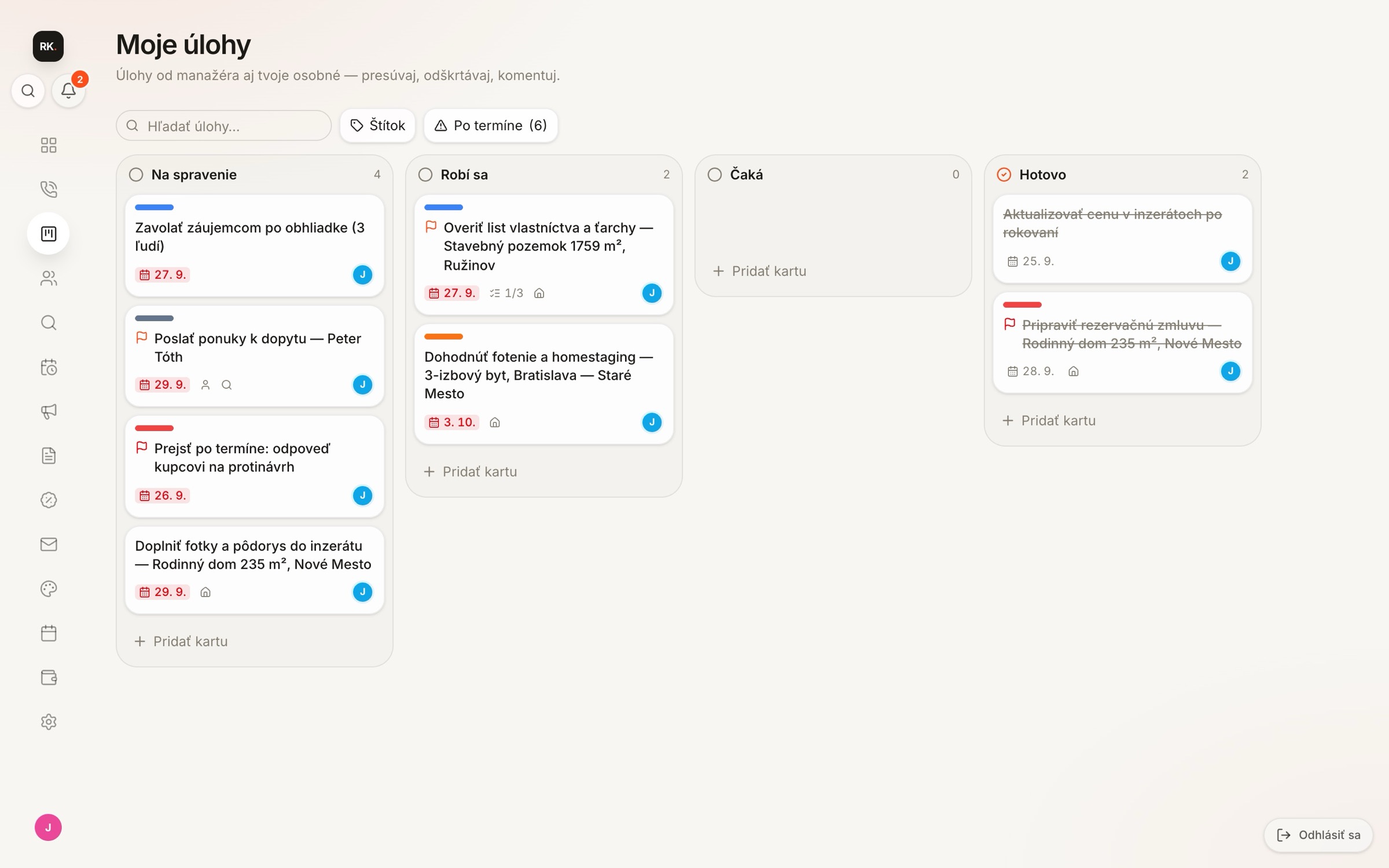 Kanban úloh makléra so štítkami a termínmi